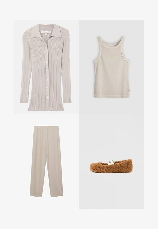 Lys grå ribbet cardigan med lange ærmer, en klapkrave og seks runde knapper foran. Struktureret stof med lodrette linjer.; Beige ribstrikket ærmeløs tanktop med rund halsudskæring og tætsiddende pasform, vist mod en grå baggrund.; Beige, lette bomuldsbukser med lige ben-design, elastisk talje og glat tekstur. Ingen synlige mønstre eller hardware.; Brun, blød hjemmesko med en blød sål og en hvid elastisk rem over toppen på en helt hvid baggrund.