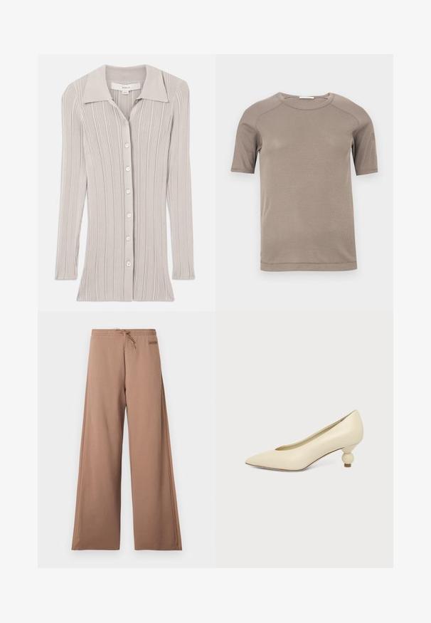 Cardigan à côtes de couleur gris clair, doté de manches longues, d'un col en V et de six boutons ronds sur le devant. Tissu texturé avec des lignes verticales.; T-shirt beige à manches courtes avec col rond côtelé et coutures visibles aux manches et à l'encolure, présenté à plat sur un fond blanc.; Pantalon marron à jambes larges avec taille élastique, cordon de serrage et petite écusson logo sur le côté droit près de la taille.; Chaussure femme couleur crème à bout pointu avec un petit talon rond en forme de boule, sur fond uni.