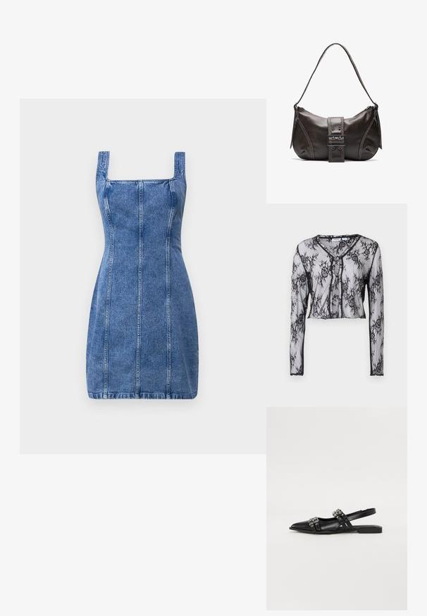 Kerge mustast pitsist pikkade varrukatega pluus lillemustriga, lühikese disainiga, V-kaelusega ja esiotsas nööpidega. Pehme tekstuur.; Denimkleit ruudulise kraega, siluetti rõhutav ning vertikaalsete õmblustega. Helesinine värv ja keskmise kaaluga kangas, millel on sile tekstuur.; Even&Odd by Zalando Kannarihmaga baleriinad - black; Pruunist nahast õlakott kumerate joontega, millel on silmapaistev pandla detail, kontrastne õmblus ja üks õlavarre rihm.