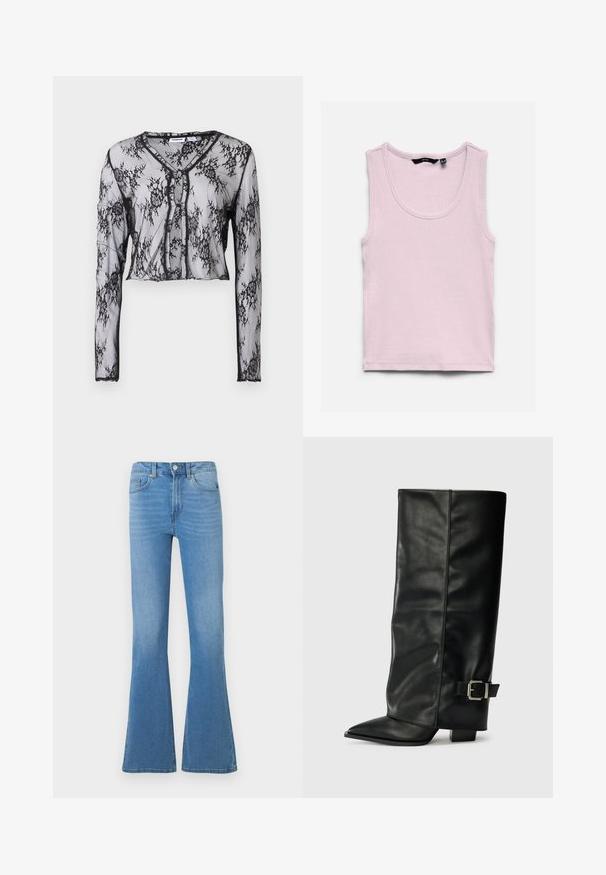 Gennemsigtig sort blonde top med lange ærmer, blomstermønster, cropped design, V-udskæring og knaplukning foran. Blød tekstur.; Ærmeløs lyserød ribbet tanktop med rund halsudskæring, fladt lagt på hvid baggrund.; Lyseblå denim jeans med vidde ved benene og en talje i mellemhøjde, der har forlommer og lukning med knap. Glat tekstur og klassisk design med fem lommer.; Sorte læder ankelstøvler i ankellængde med spids tå, glat tekstur og en sølvspændeaccents på siden. Kraftig firkantet hæl.