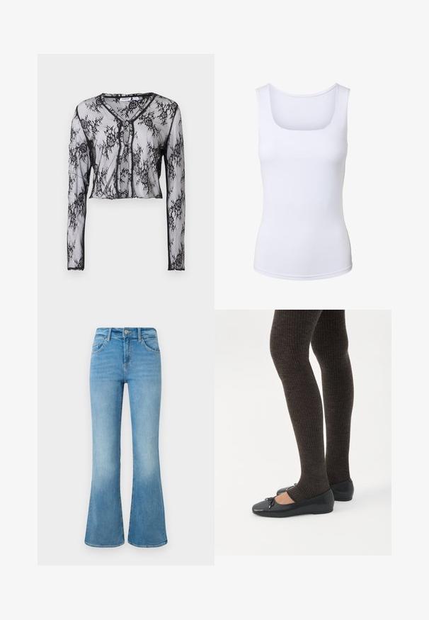 Gennemsigtig sort blonde top med lange ærmer, blomstermønster, cropped design, V-udskæring og knaplukning foran. Blød tekstur.; Hvid ærmeløs tanktop med firkantet halsudskæring, tætsiddende silhuet og glat stoftekstur.; Lyseblå denim flare jeans med forlommer, bæltestropper og knaplukning mod en hvid baggrund.; Ben iført mørke ribbede leggings kombineret med sorte balletsko med små sløjfedetaljer på hvid baggrund.