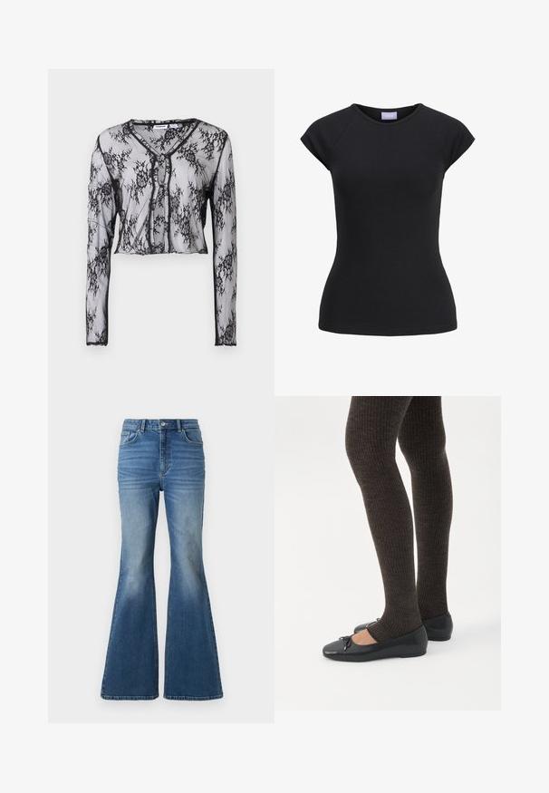 Haut à manches longues en dentelle noire transparente avec des motifs floraux, design cropped, décolleté en V et fermeture à boutons sur le devant. Texture douce.; T-shirt noir ajusté à manches courtes avec encolure ronde et étiquette de marque violette à l'intérieur du col.; Jean en denim bleu taille haute, évasés, avec un effet délavé, comportant deux poches avant, une fermeture à bouton, et des détails cousus sur les coutures.; Jambes portant des leggings côtelés foncés associés à des ballerines noires avec de petits détails en nœud sur fond blanc.