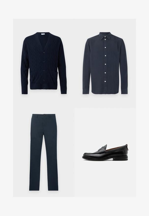 Cardigan de lana azul marino con cuello en V, botones delanteros, mangas largas y dos bolsillos delanteros.; Camisa de manga larga color azul marino oscuro con botones blancos y cuello puntiagudo, mostrada sobre un fondo claro liso.; Pantalones ajustados azul marino con trabillas para cinturón, cierre de botón y parte delantera plana, presentados sobre un fondo liso y claro.; Mocasín de hombre de piel negra con costura moc toe, tira penny, cuello texturizado y tacón bajo apilado sobre fondo blanco.