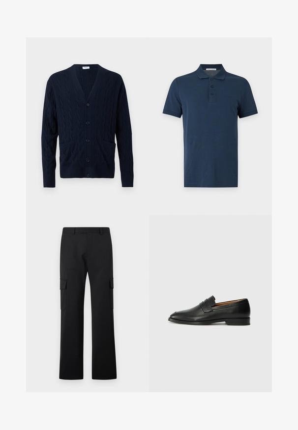 Navy blue cable knit cardigan with V-neck, front buttons, long sleeves, and two front pockets.; Navy blue short-sleeve polo shirt with three buttons and a collar, displayed on a plain light gray background.; Black straight-leg cargo pants with side flap pockets and belt loops on a plain white background.; Black leather loafer with a rounded toe, subtle stitched detailing, and a low heel, featuring a smooth texture and minimalist design.