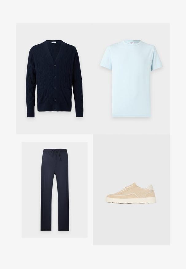 Cardigan de lana azul marino con cuello en V, botones delanteros, mangas largas y dos bolsillos delanteros.; Camiseta de color azul claro de manga corta, hecha de algodón suave. Presenta un cuello redondo clásico y un diseño minimalista, sin patrones ni acentos.; Pantalones azul marino de pierna recta con cintura elástica y cordón delantero, diseñados para uso informal o de estar por casa.; Zapatillas de ante beige con suela y cordones blancos, diseño bajo y patrón de tracción en zigzag en la suela.