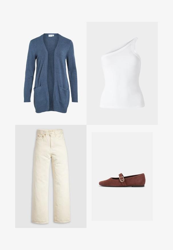 Langærmet cardigan med åben front i mørkeblå strikket stof med to for- og ribbet manchetter. Blød tekstur, afslappet pasform.; Hvid rippet ærmeløs top med et asymmetrisk design på den ene skulder. Glat tekstur, tætsiddende silhuet og rene kanter.; Vidbenede jeans i offwhite denim med høj talje, kobbernitter og klassisk design med fem lommer. Struktureret stof med rene kanter.; Brun ruskind Mary Jane-flad sko med en guldspænde og sort sål på hvid baggrund.
