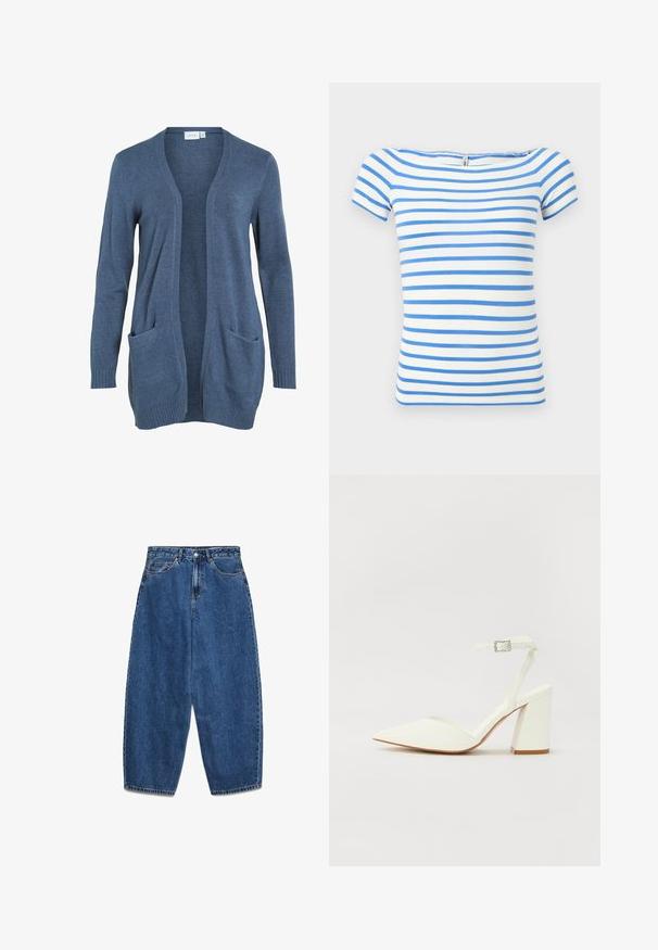 Langsleeve open-front cardigan in donkerblauwe brei stof met twee voorzakken en geribde mouwen. Zachte textuur, relaxed fit.; Witte top met korte mouwen, horizontale blauwe strepen en een brede halslijn.; Blauwe denim jeans met een hoge taille, een ontspannen pasvorm en rechte pijpen. Klassiek ontwerp met vijf zakken en een ritssluiting met knoop.; Witte hakken sandaal met een puntige neus, verstelbaar enkelbandje en een stevige vierkante hak. Gladde textuur met minimale stiksels.