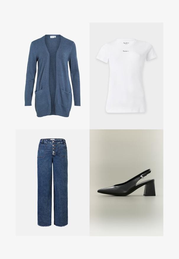 Cárdigan de manga larga, de apertura frontal en tejido de punto azul oscuro con dos bolsillos frontales y puños acanalados. Textura suave, corte holgado.; Camiseta blanca de manga corta con cuello redondo y pequeño logo negro "Pepe Jeans" centrado cerca del escote y en el interior del cuello.; Jeans de denim de pierna ancha en azul oscuro. Presenta un cierre de botones, cinco bolsillos y un dobladillo deshilachado. Textura suave con costuras visibles.; Zapato slingback de cuero negro con puntera puntiaguda, hebilla plateada y tacón grueso y cuadrado sobre un fondo neutro.