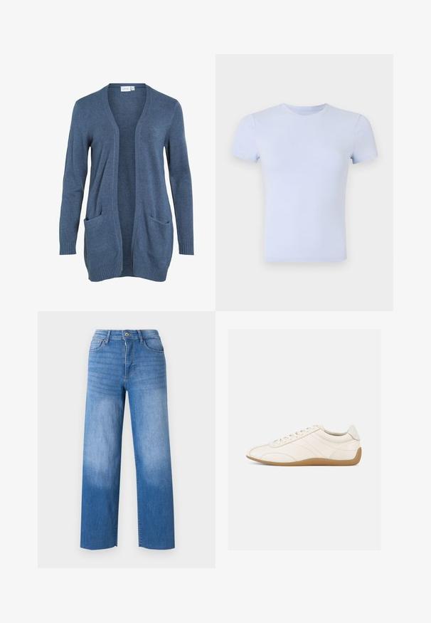 Cárdigan de manga larga, de apertura frontal en tejido de punto azul oscuro con dos bolsillos frontales y puños acanalados. Textura suave, corte holgado.; Good American SUPER STRETCH BABY TEE - Camiseta básica - periwinkle; Jeans de denim azul claro con corte de pierna ancha, que cuentan con cinco bolsillos, cremallera y un ligero desgaste en los muslos. Bordes con acabado limpio.; Zapatilla deportiva de cuero blanco con textura suave, punta redondeada y costuras tono sobre tono. Cuenta con una suela de goma color cuero y cierre de cordones.