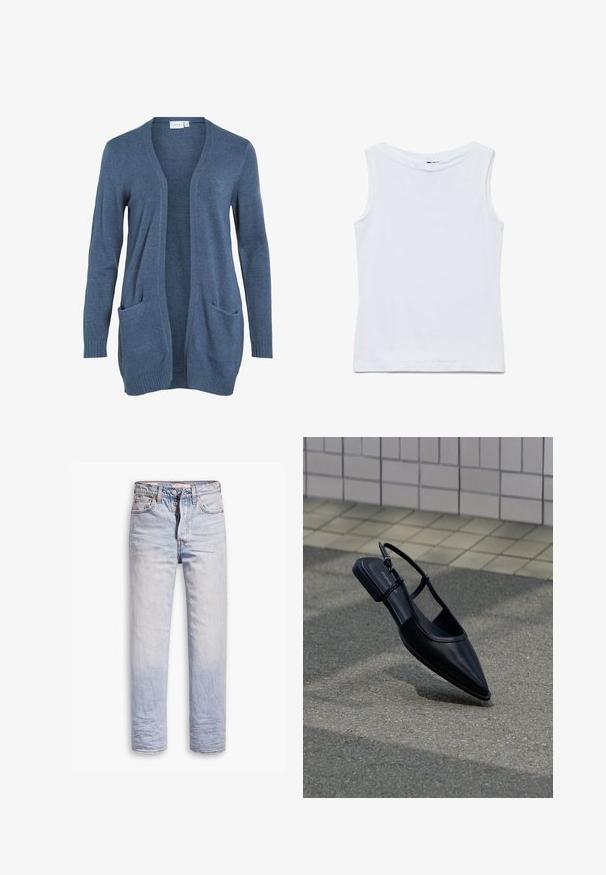 Cardigan à manches longues, ouvert sur le devant, en tricot bleu foncé avec deux poches avant et des poignets côtelés. Texture douce, coupe décontractée.; Haut blanc sans manches en coton avec un large col rond et un ourlet droit, présenté à plat sur un fond blanc.; Jean en denim bleu clair avec une coupe droite, dotés d'une fermeture à boutons, de cinq poches et d'un léger délavage sur les jambes.; Chaussure plate noire à bout pointu avec bride arrière, flottant au-dessus d'une surface en bitume à côté d'un trottoir carrelé.