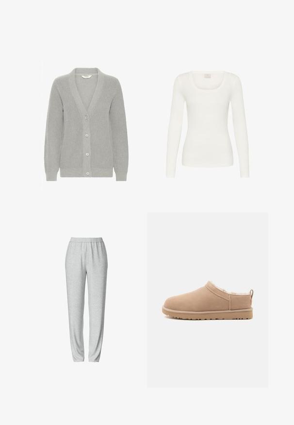 Cardigan en tricot gris avec un col en V, texture côtelée, cinq boutons sur le devant et manches longues. Design léger et polyvalent.; Haut moulant blanc à manches longues pour femme avec un col rond sur fond blanc uni.; Pantalon de survêtement gris avec une taille élastique, design de jambes fuselées, texture douce et sans motifs ni détails matériels visibles.; Chausson beige à enfiler avec extérieur en suède doux, doublure en fourrure blanche moelleuse et semelle en caoutchouc avec bande de traction, montré en profil latéral.