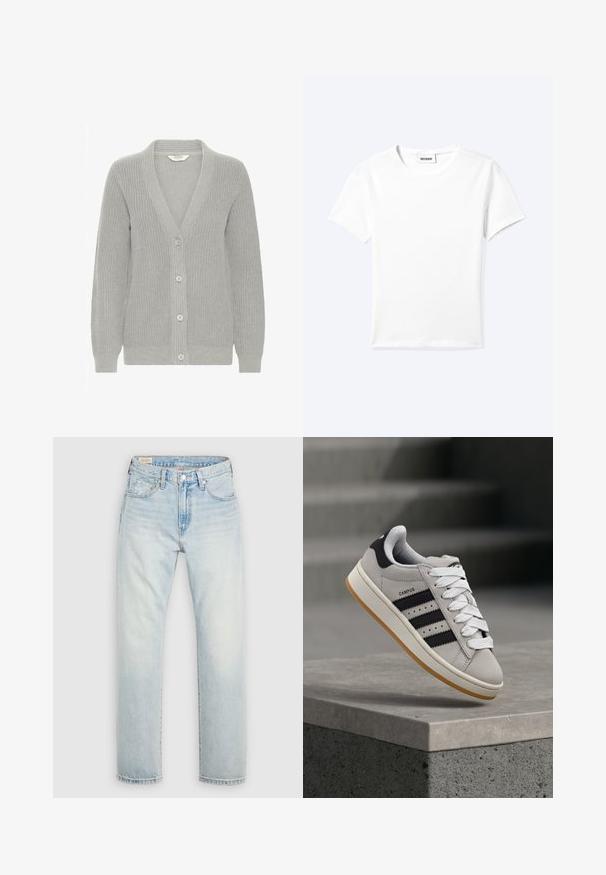 Cardigan en tricot gris avec un col en V, texture côtelée, cinq boutons sur le devant et manches longues. Design léger et polyvalent.; T-shirt blanc uni à manches courtes et col rond avec une petite étiquette "WEEKDAY" à l'intérieur de l'encolure, présenté à plat sur un fond clair.; Jean en denim bleu clair avec une coupe droite, un style cinq poches et une finition légèrement délavée. Fermeture par bouton et braguette zippée.; Baskets Adidas Campus grises avec des rayures noires et des lacets blancs flottant au-dessus d'un rebord en béton avec des escaliers en arrière-plan.