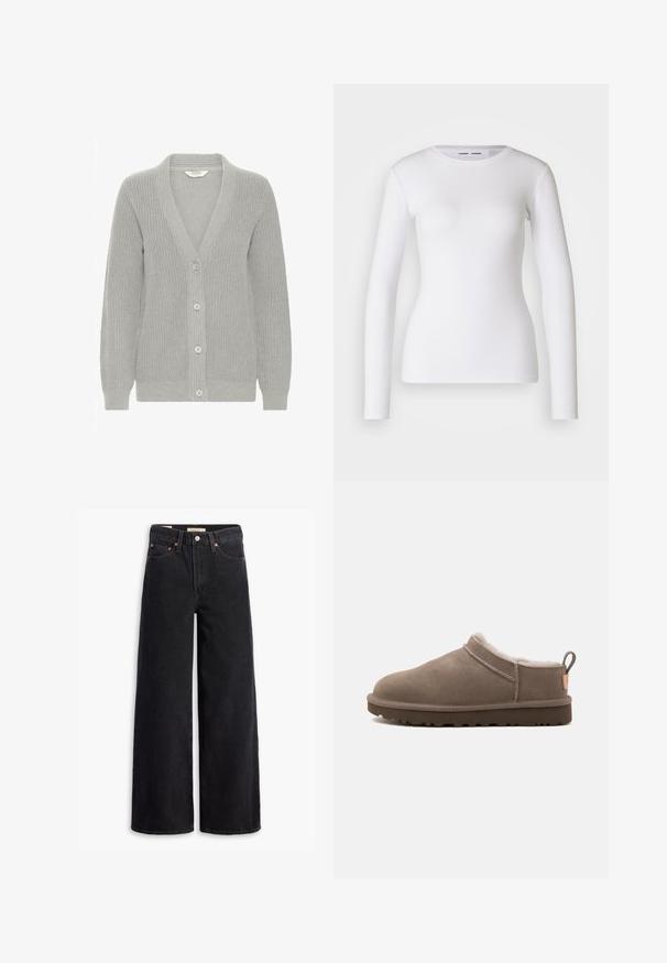 Cardigan en tricot gris avec un col en V, texture côtelée, cinq boutons sur le devant et manches longues. Design léger et polyvalent.; Chemise blanche à manches longues en tissu côtelé, avec un col rond et une coupe cintrée. Aucun motif ni accent présent.; Jean noir à jambe large en denim, comportant cinq poches, des rivets en laiton et une fermeture à bouton classique. Texture lisse avec un design épuré.; Chausson en daim taupe à coupe basse avec doublure en polaire blanche, semelle en caoutchouc foncé et languette à l’arrière, présenté de profil sur fond blanc.