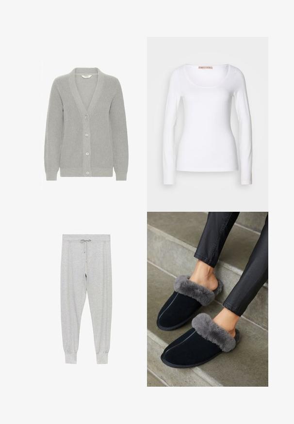 Grijze gebreide cardigan met een V-hals, geribbelde textuur, vijf knopen aan de voorkant en lange mouwen. Lichtgewicht en veelzijdig ontwerp.; Witte katoenen T-shirt met lange mouwen, voorzien van een ronde halslijn en een getailleerd ontwerp, met een gladde textuur en zonder versieringen.; Grijze sweatpants van zacht materiaal met een trekkoord in de taille, knoopdetails aan de bovenkant en elastische boorden bij de enkels.; Zwarte suède slippers met een grijze nepbont omslag, ronde neus en contrasterende stiksels. Zachte textuur en instapontwerp voor gemakkelijk aan- en uittrekken.