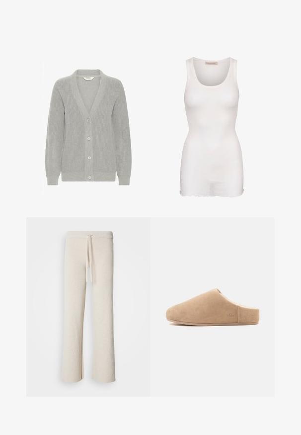 Cardigan tricoté gris clair avec col en V, manches longues, poignets côtelés et quatre boutons blancs à l'avant.; Débardeur blanc en tissu lisse avec un col rond, texture côtelée et ourlet en dentelle. Pas de matériel ou d'accents visibles.; Pantalons larges beiges en tissu doux, dotés d'une taille élastique avec cordon de serrage et d fentes sur les côtés à l'ourlet.; Chausson beige en daim à enfiler, doublure en peluche et semelle plate, bout fermé, arrière ouvert, avec un logo discret "UGG" sur le côté.