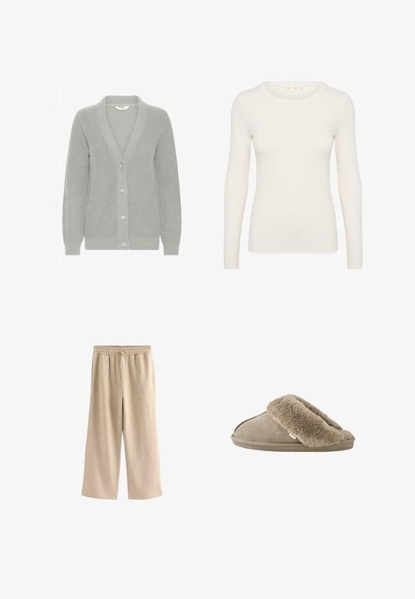 Grijze gebreide cardigan met een V-hals, geribbelde textuur, vijf knopen aan de voorkant en lange mouwen. Lichtgewicht en veelzijdig ontwerp.; Korte mouw creme top met een ronde halslijn en een getailleerd ontwerp. Gemaakt van zachte, rekbare stof met een gladde textuur.; Crème-kleurige wijde broek gemaakt van een zachte katoenmix. Heeft een elastische tailleband met trekkoord en een subtiele gespikkelde textuur.; Beige instapslof met zachte, pluche bontvoering rond de opening en een suède-achtige buitenzool.