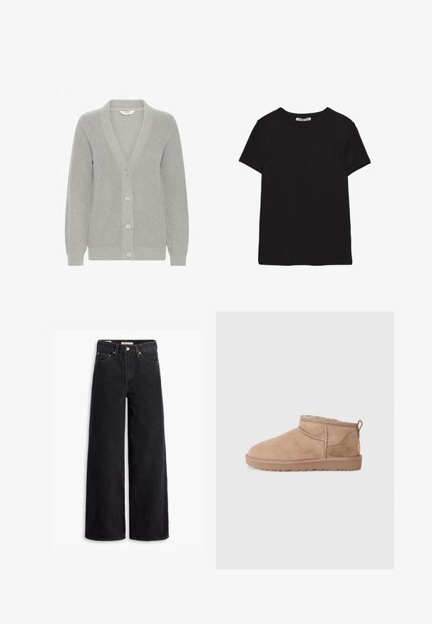 Cardigan tricoté gris clair avec col en V, manches longues, poignets côtelés et quatre boutons blancs à l'avant.; T-shirt noir en coton à manches courtes avec encolure ronde, coupe standard et étiquette intérieure visible au niveau du col.; Jean noir à jambe large en denim, comportant cinq poches, des rivets en laiton et une fermeture à bouton classique. Texture lisse avec un design épuré.; Bottines en daim marron avec un intérieur en douceur, un détail de couture et une semelle en caoutchouc texturée pour une meilleure adhérence. Une boucle à l'arrière pour un enfilage facile.