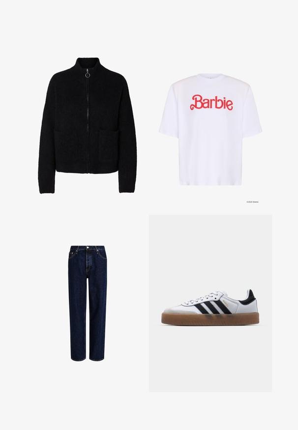 Sort, flosset lynlås-sweater med høj krave, to forlommer og rund metal lynlåstrækker.; Hvid T-shirt med korte ærmer og rød "Barbie"-tekst i midten på forsiden i en legesyg, kursiv skrifttype.; Mørkeblå denim jeans med lige ben-design, der har høj talje, fem-lomme-stil og kontrastsyninger. Ingen dekorationer.; Hvide lædersneakers med sorte striber, gummirubber sål, rund tå, snørelukning og blød grå ruskinds tåhætte.