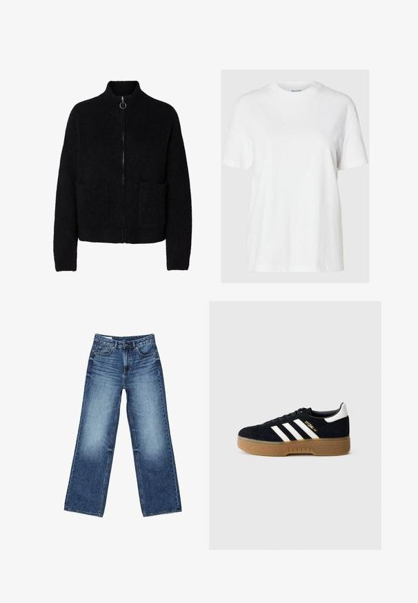 Sort, flosset lynlås-sweater med høj krave, to forlommer og rund metal lynlåstrækker.; Hvid bomuld t-shirt med korte ærmer og rund halsudskæring. Har en afslappet pasform og et minimalistisk design uden mønstre eller accenter.; Blå vidtsiddende jeans i denim med forlommer og møntlomme foran, knaplukning og falmet vask på lår og knæ.; Sort ruskindssneaker med hvide tre striber og guldfarvet logo. Sål i gummi med tekstureret greb. Klassisk lavtop-design med rundet tå.