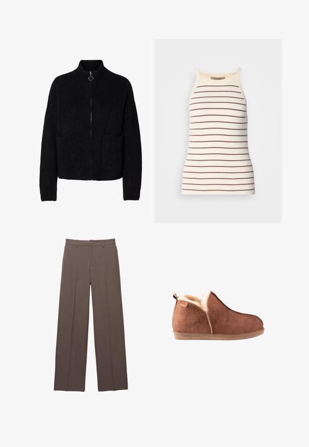 Sort, flosset lynlås-sweater med høj krave, to forlommer og rund metal lynlåstrækker.; Ribbet tanktop i creme med vandrette brune striber. Har brede stropper og en tætsiddende silhuet. Etiketten er synlig ved halsudskæringen.; Brune skræddertræningsbukser med bæltestropper, knaplukning og frontplissering på en hvid baggrund.; Shepherd SHEPHERD - Vinterstøvler - chestnut