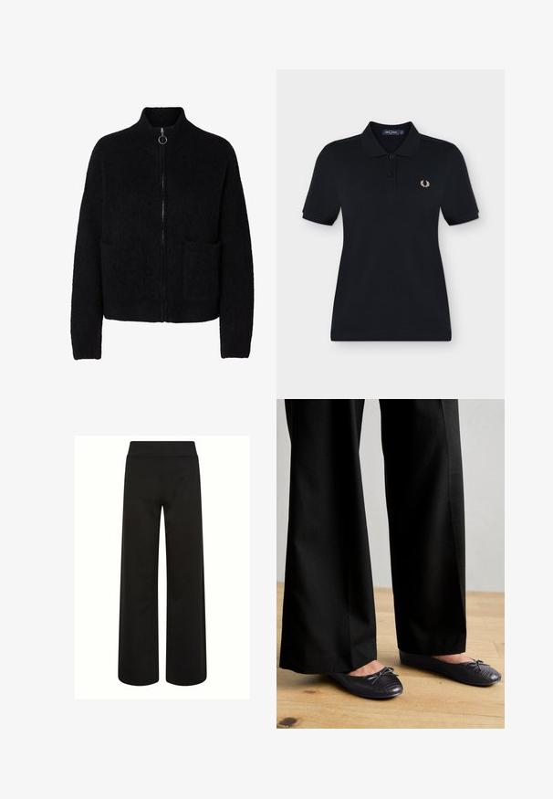 Sort, flosset lynlås-sweater med høj krave, to forlommer og rund metal lynlåstrækker.; Sort kortærmet polo med to knapper og lille hvid laurbærkranslogo på venstre bryst.; Sorte bukser med vide ben og høj talje uden synlige lommer eller pynt, vist mod en ensfarvet baggrund.; Sort bukser med bredde ben og en struktureret overflade, parret med flade sko med en sløjfe og et subtilt krokodillepræget design i sort.