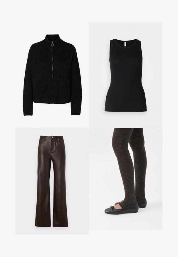 Sort, flosset lynlås-sweater med høj krave, to forlommer og rund metal lynlåstrækker.; Sort ærmeløs tanktop lavet af ribbet stof, med rund halsudskæring og tætsiddende design, med en glat overflade og uden mønstre.; Vero Moda Wide-leg VMTESSA High rise - Bukser - chocolate torte; Ben iført mørke ribbede leggings kombineret med sorte balletsko med små sløjfedetaljer på hvid baggrund.