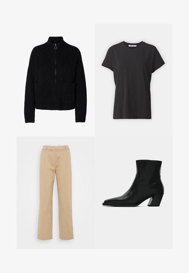 Pull noir duveteux à fermeture éclair avec col haut, deux poches avant et tirette ronde en métal.; T-shirt en coton noir avec un col rond classique, des manches courtes et une coupe décontractée. Texture lisse, sans motifs ni accents visibles.; Pantalons beige à jambes larges en tissu texturé, avec une taille mi-haute, des plis sur le devant et un design épuré.; Bottine en cuir noir avec un bout pointu, une silhouette élégante et un talon carré massif. Texture lisse avec des détails de couture minimalistes.