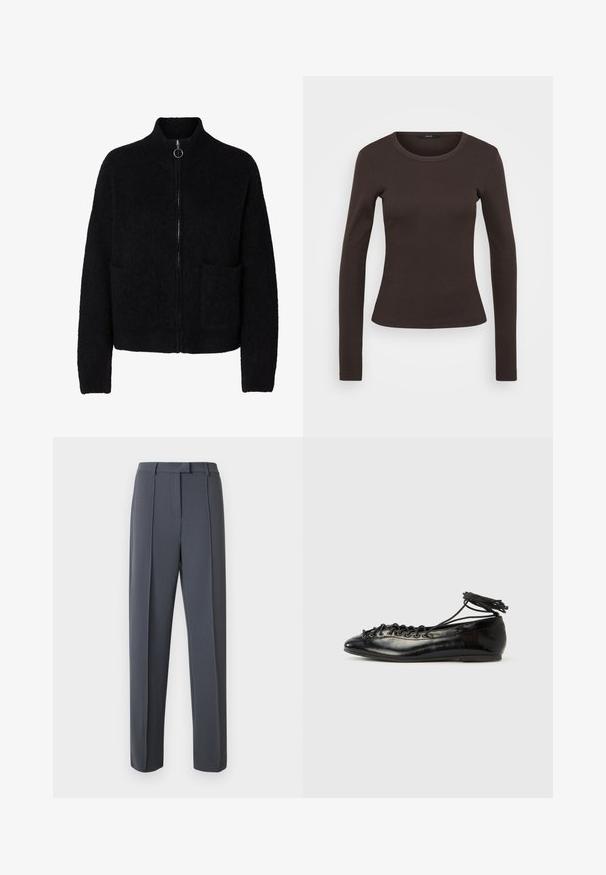 Sort, flosset lynlås-sweater med høj krave, to forlommer og rund metal lynlåstrækker.; Langærmet brun t-shirt lavet af ribbet stof, med en rund halsudskæring og en tætsiddende silhuet.; Grå, skræddersyede bukser med et lige ben, for- og en glat tekstur. Taljebåndet har bæltestropper for justerbar pasform.; Sorte balletflade sko i laklæder med rundet tå, snørelukning og flad sål. Glat tekstur med få detaljer.