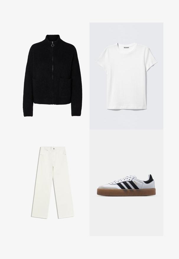 Sort, flosset lynlås-sweater med høj krave, to forlommer og rund metal lynlåstrækker.; Enkelt hvid T-shirt med korte ærmer og rund halsudskæring med en "WEEKDAY" label indeni kraven, vist på en lys grå baggrund.; Hvide jeans med højt liv og lige ben, med forlommer og knaplukning på hvid baggrund.; Hvide lædersneakers med sorte striber, gummirubber sål, rund tå, snørelukning og blød grå ruskinds tåhætte.