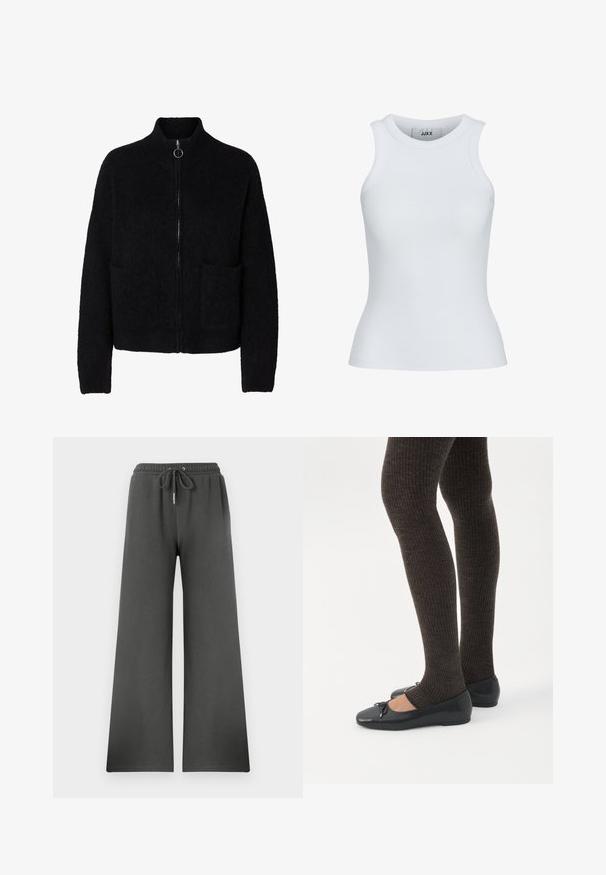Sort, flosset lynlås-sweater med høj krave, to forlommer og rund metal lynlåstrækker.; Hvid ribbet tanktop med en rund udskæring og ærmeløst design. Har en slim fit og blød tekstur, velegnet til lagpåsætning.; Grå brede bukser lavet af blødt stof, med en elastisk talje og snor, der giver en afslappet pasform og en glat tekstur.; Ben iført mørke ribbede leggings kombineret med sorte balletsko med små sløjfedetaljer på hvid baggrund.
