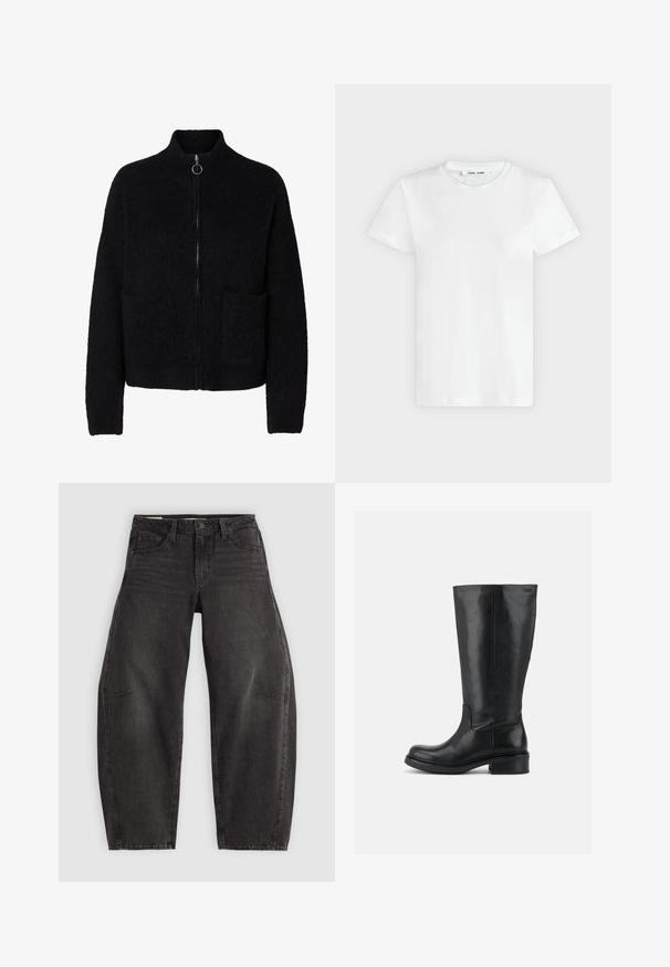 Sort, flosset lynlås-sweater med høj krave, to forlommer og rund metal lynlåstrækker.; En simpel hvid T-shirt med korte ærmer og rund hals lagt fladt på en lys grå baggrund, hvor forsiden med label inde i halsen vises.; Sorte denim jeans med en afslappet pasform, der har fem lommer, knaplukning og subtil fading. Stoffet har en glat, robust tekstur.; Høj sort læderstøvle med lav blokhæl og rund tå, glat overdel med minimal syning på ensfarvet baggrund.