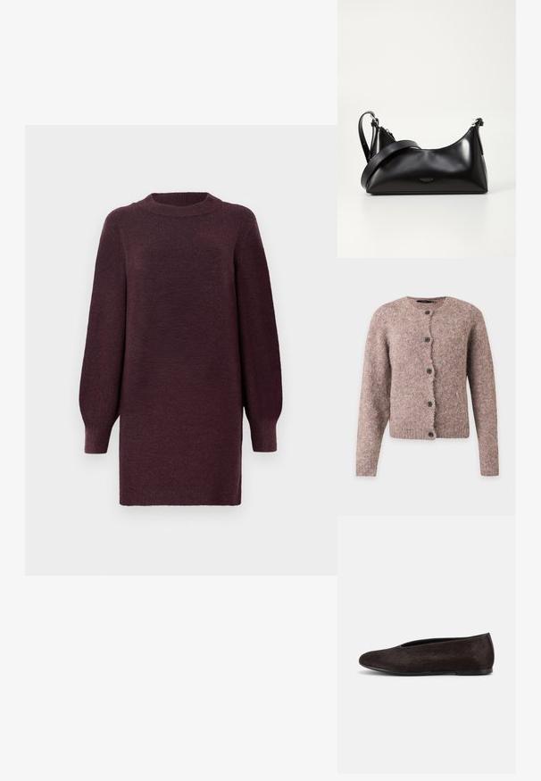 Blød lyserødbrun korthåret cardigan med lange ærmer, rund halsudskæring og fem sorte knapper foran.; Bordeaux sweaterkjole med rund halsudskæring og lange, let puffede ærmer. Fremstillet af blødt, tekstureret stof. Slutter over knæet.; Sort flad sko med rundet tå og lav hæl, med en glat, let tekstureret overflade og et enkelt slip-on design.; Sort læderhåndtaske med en glat tekstur. Har en justerbar stropp og et enkelt, minimalistisk design med lynlås.