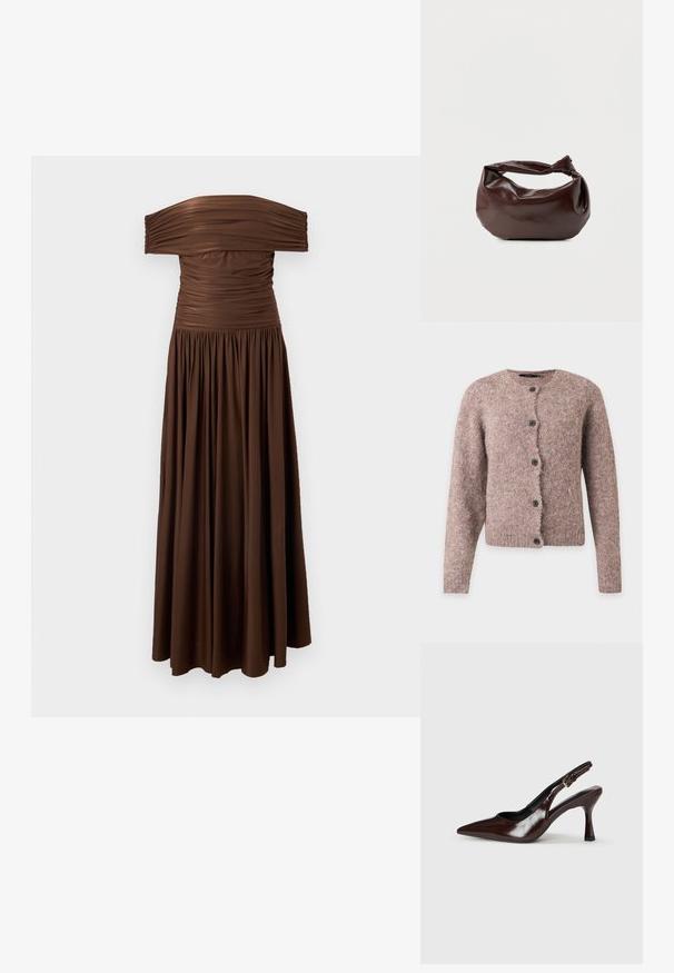 Cárdigan suave de color marrón rosado peludo con mangas largas, escote redondo y cinco botones negros en la parte delantera.; Vestido largo marrón con los hombros descubiertos, corsé fruncido y falda fluida recogida sobre un fondo liso y claro.; Zapatos de tacón slingback de charol marrón con punta afilada, tacón delgado y correa ajustable con una pequeña hebilla.; Bolso de hombro de cuero marrón oscuro con una forma suave y caída, y un asa con nudo torcido sobre un fondo blanco liso.