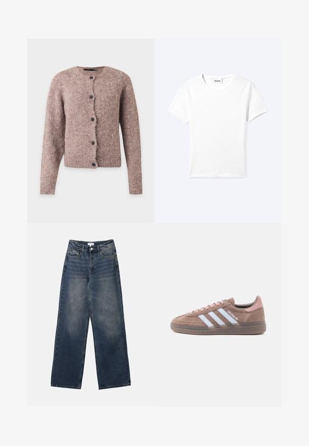 Cárdigan suave de color marrón rosado peludo con mangas largas, escote redondo y cinco botones negros en la parte delantera.; Camiseta blanca lisa de manga corta con cuello redondo y una pequeña etiqueta "WEEKDAY" dentro del cuello, mostrada extendida sobre un fondo claro.; Vaqueros de hombre de tiro alto en denim azul, con pernera ancha, botón y cremallera frontales, y bolsillos delanteros y traseros.; Zapatilla de gamuza marrón con detalles en rosa claro, que presenta tres franjas blancas, una suela texturizada y un diseño de punta redonda.
