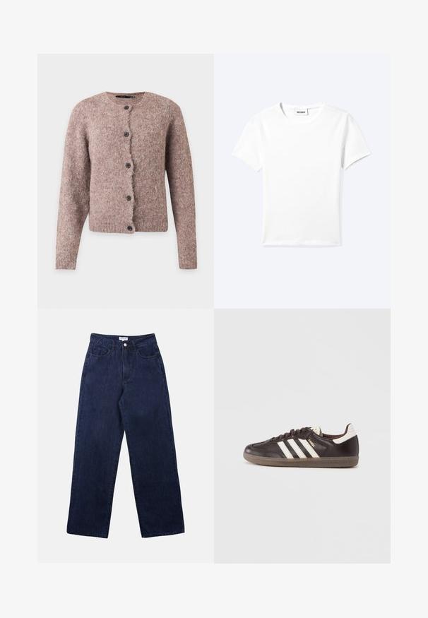 Cárdigan suave de color marrón rosado peludo con mangas largas, escote redondo y cinco botones negros en la parte delantera.; Camiseta blanca lisa de manga corta con cuello redondo y una pequeña etiqueta "WEEKDAY" dentro del cuello, mostrada extendida sobre un fondo claro.; Pantalones de mezclilla azul oscuro con un diseño de pierna recta, que cuentan con un cierre frontal de botón, pasadores para cinturón y dos bolsillos frontales.; Zapatillas deportivas de cuero marrón oscuro con diseño de tres franjas blancas, suela de goma y la palabra "Samba" en letras doradas en el lateral. Forma clásica de corte bajo.