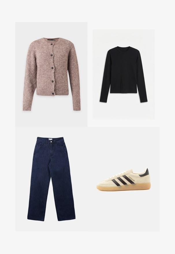 Cardigan doux rose-brun duveteux avec manches longues, col rond et cinq boutons noirs sur le devant.; T-shirt noir à manches longues avec col rond, coupe ajustée et design uni, présenté sur un fond blanc.; Pantalons en denim bleu foncé avec une coupe droite, dotés d'une fermeture à bouton à l'avant, de passants de ceinture et de deux poches avant.; Baskets en daim crème avec des rayures noires, semelle en gomme, languette noire au talon et texte doré "SPEZIAL" sur le côté.
