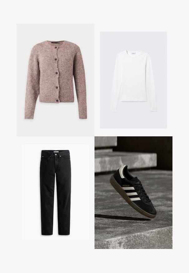 Zachte roze-bruin pluizige cardigan met lange mouwen, ronde halslijn en vijf zwarte knopen aan de voorkant.; Effen wit shirt met lange mouwen en ronde hals, slim fit, afgebeeld tegen een lichtgrijze achtergrond.; Zwarte straight-leg jeans met knoop- en ritssluiting, riemlussen en voor- en achterzakken, plat gelegd op een witte achtergrond.; Zwarte Adidas sneaker met witte strepen en gumzool die boven grijze betonnen trappen zweeft in natuurlijk licht.