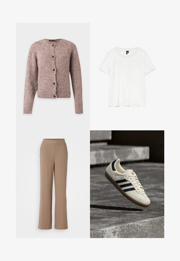Cárdigan suave de color marrón rosado peludo con mangas largas, escote redondo y cinco botones negros en la parte delantera.; Camiseta blanca de manga corta con un cuello redondo, hecha de tejido ligero. Diseño simple, textura suave y dobladillo recto.; Pantalones de pierna ancha color marrón claro, con una textura suave y cinturilla elástica. Sin patrones visibles ni detalles de hardware.; Zapatilla blanca Adidas Samba con franjas negras y suela de goma, flotando sobre escalones de hormigón gris texturizado.