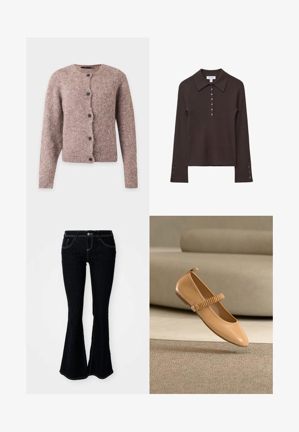 Zachte roze-bruin pluizige cardigan met lange mouwen, ronde halslijn en vijf zwarte knopen aan de voorkant.; Bruine geribbelde longsleeve poloshirt met een kraag, een zesknopen rij en knoopaccenten op de mouwen. Zachte textuur met een getailleerde Silhouet.; Flared donkergewassen jeans met een hoge taille, voor- en achterzakken, en contrasterende gele stiksels op de naden.; Lichtbruine platte Mary Jane-schoen met geplooide band, zwevend boven een beige tapijt voor een bijpassende bank.