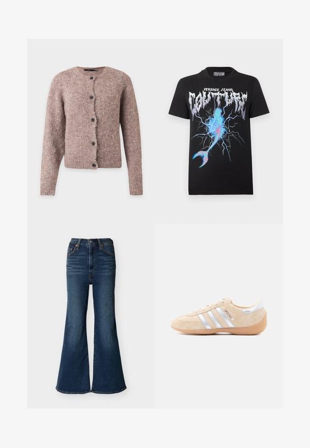 Zachte roze-bruin pluizige cardigan met lange mouwen, ronde halslijn en vijf zwarte knopen aan de voorkant.; Zwart Versace Jeans Couture T-shirt met metalen logo en blauwe, roze bliksemgrafiek die lijkt op een gebarsten oppervlak en een zeemeerminstaart.; Donkerblauwe high-waisted jeans met een wijde pijp, gemaakt van denim, voorzien van voorzakken en een gulp met knopen.; Beige suède sneaker met zilveren accenten, drie zijstrepen, rubberen gumzool en gestructureerde details op de neus en hiel.