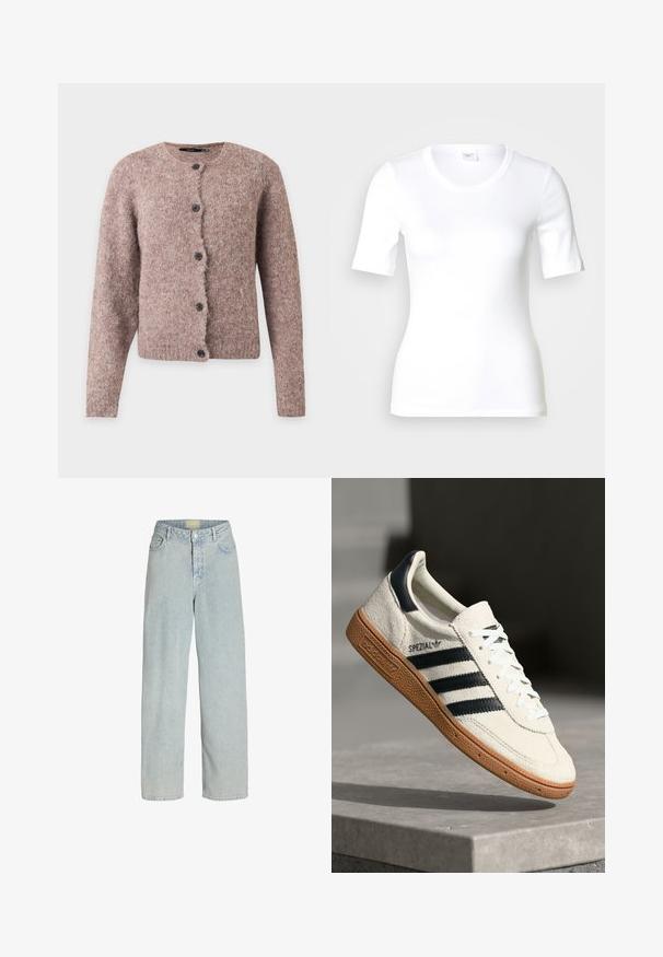 Blød lyserødbrun korthåret cardigan med lange ærmer, rund halsudskæring og fem sorte knapper foran.; Hvid T-shirt med korte ærmer lavet af glat bomuld, med rund halsudskæring og en tætsiddende pasform. Klassisk design uden mønstre eller detaljer.; Lyseblå denim brede bukser med høj talje, frontlommer og knaplukning. Stof i en blød, let tekstureret udseende.; Hvide ruskinds sneakers med marineblå striber, gummisål, struktureret overdel, rund tå og snøring; har branding på siden og tungen.