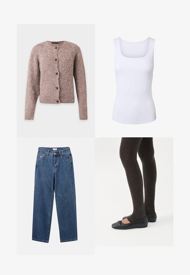 Cárdigan suave de color marrón rosado peludo con mangas largas, escote redondo y cinco botones negros en la parte delantera.; Camiseta sin mangas blanca con escote cuadrado, silueta ajustada y textura de tela suave.; Jeans de mezclilla azul clásico con un diseño de pierna recta, cinco bolsillos y cierre de botón. Presenta un lavado medio y una textura resistente.; Piernas con leggings oscuros acanalados combinados con bailarinas negras que presentan pequeños detalles de lazo sobre un fondo blanco.