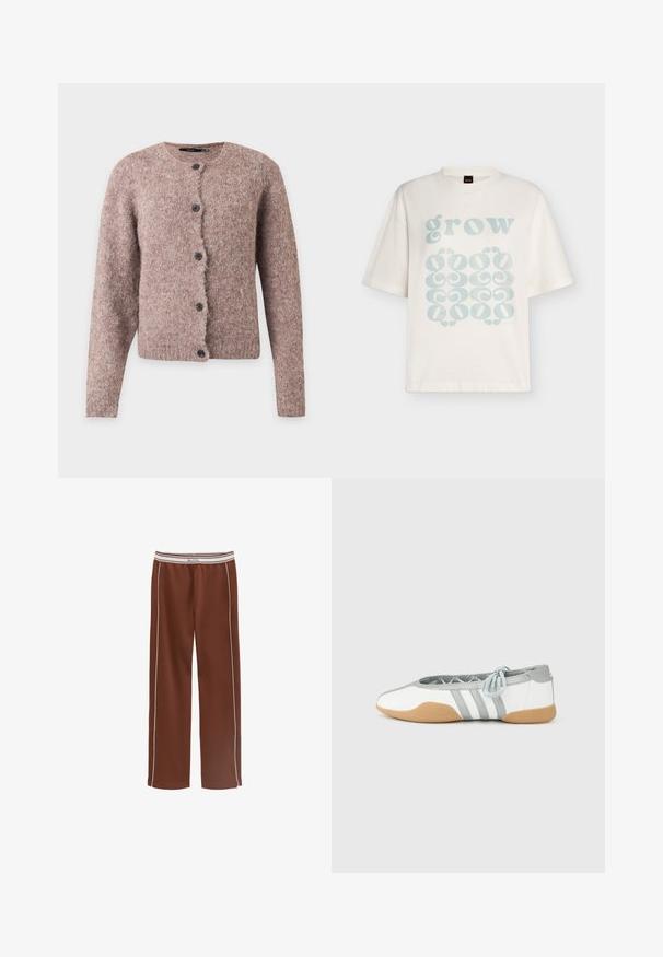 Zachte roze-bruin pluizige cardigan met lange mouwen, ronde halslijn en vijf zwarte knopen aan de voorkant.; Wit T-shirt met korte mouwen met lichtblauwe tekst "grow" en abstracte decoratieve patronen onderaan vooraan.; Bruine broek met wijde pijpen, witte biezen aan de zijkant en een witte elastische tailleband met beige strepen en "Marc O'Polo"-logo.; Witte en grijze ballerina's met een ronde neus en elastische veters, met drie grijze strepen en een beige rubberen zool.