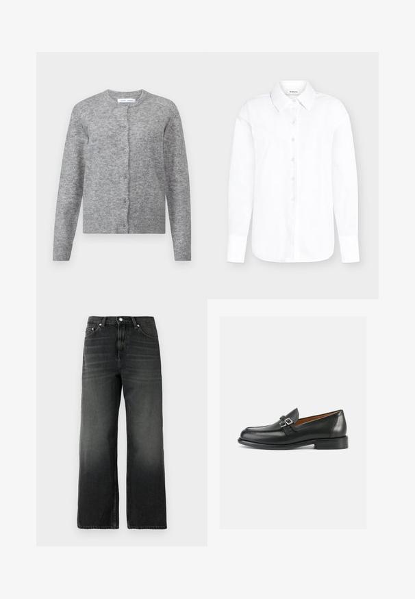 Cárdigan de lana gris con botones, puños y dobladillo acanalados. Cuello redondo, textura suave, diseño ajustado. Sin patrones o acentos visibles.; Camisa blanca de manga larga con botones, cuello puntiagudo y puños abotonados sobre un fondo gris claro.; Jeans de mezclilla negra con un ajuste relajado, diseño de pierna recta, textura desgastada, estilo de cinco bolsillos y cierre de botón plateado en la cintura.; Mocasines de cuero negro con un diseño bordado, con un detalle de doble hebilla y un tacón ligeramente elevado para añadir altura.
