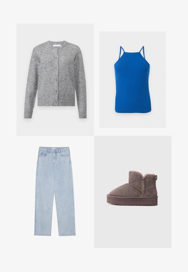Grå uldcardigan med knapper, ribbede manchetter og kant. Rund halsudskæring, blød tekstur, tætsiddende design. Ingen synlige mønstre eller accenter.; Blå ribbet ærmeløs tanktop med tynde dobbelte skulderstropper og en lige halsudskæring på ensfarvet baggrund.; Lyseblå, højtaljede denimbukser med lige ben, fem lommer og synlige sømme. Materialet har en klassisk vaskeeffekt.; Brun ruskind ankelstøvle med lynlås i siden og blødt indre foer, der har en tyk platformssål for ekstra højde og komfort.