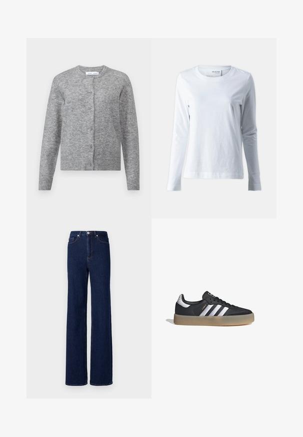 Cárdigan de lana gris con botones, puños y dobladillo acanalados. Cuello redondo, textura suave, diseño ajustado. Sin patrones o acentos visibles.; Camiseta blanca de manga larga hecha de algodón suave. Presenta un cuello redondo y mangas ajustadas. Textura suave con un diseño liso.; Jeans de mezclilla azul oscuro con una cintura alta, corte de pierna ancha y diseño clásico de cinco bolsillos. Terminados con costuras en contraste y un botón de metal.; Zapatilla deportiva de cuero negro con tres rayas plateadas, punta texturizada y suela de goma. Cuenta con un collar acolchado y un diseño con cordones.
