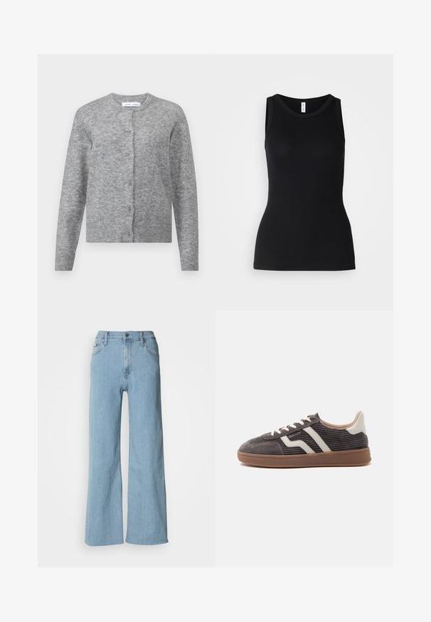 Grå uldcardigan med knapper, ribbede manchetter og kant. Rund halsudskæring, blød tekstur, tætsiddende design. Ingen synlige mønstre eller accenter.; Sort ærmeløs tanktop lavet af ribbet stof, med rund halsudskæring og tætsiddende design, med en glat overflade og uden mønstre.; Lyseblå vidde jeans lavet af denim, med en tætsiddende talje, fem-lomme design og subtile syningsdetaljer.; Enkel mørkegrå sneaker med hvide læderdetaljer, teksturerede sider, hvide snørebånd og en brun gummisål, vist fra siden på en ensfarvet baggrund.