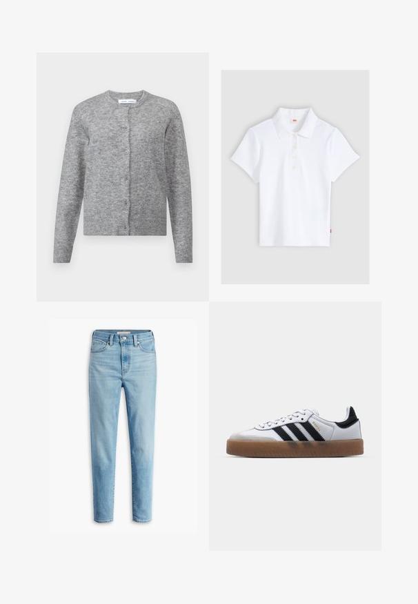 Grå uldcardigan med knapper, ribbede manchetter og kant. Rund halsudskæring, blød tekstur, tætsiddende design. Ingen synlige mønstre eller accenter.; Hvid kortærmet ribbet poloshirt med krave og fire knapper, lagt fladt ud på en lysegrå baggrund.; Lyseblå højtaljede denimjeans med forlommer, bæltestropper, knaplukning og tapered ben på en hvid baggrund.; Hvide lædersneakers med sorte striber, gummirubber sål, rund tå, snørelukning og blød grå ruskinds tåhætte.