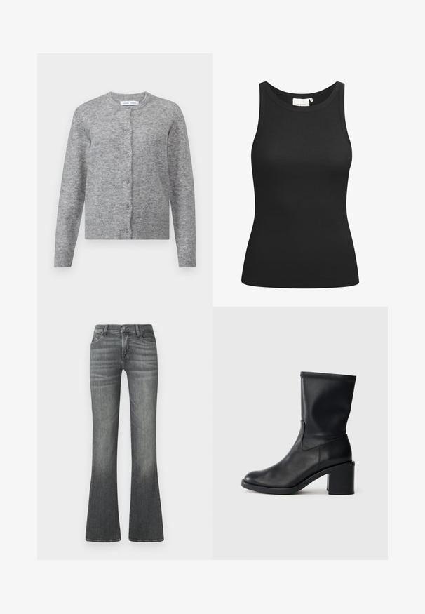 Grå uldcardigan med knapper, ribbede manchetter og kant. Rund halsudskæring, blød tekstur, tætsiddende design. Ingen synlige mønstre eller accenter.; Sort tanktop lavet af ribbet materiale, med en scooped halsudskæring og en tætsiddende form. Flade sømme og ingen udsmykninger. Enkel og strømlinet design.; Grå flagrende jeans lavet af denim med en mellemhøj talje, subtilt slid og klassisk fem-lommers design.; Sort læder ankelstøvle med rund tå, glat tekstur og en grov hæl, der har et tætsiddende skaft og subtil syning.
