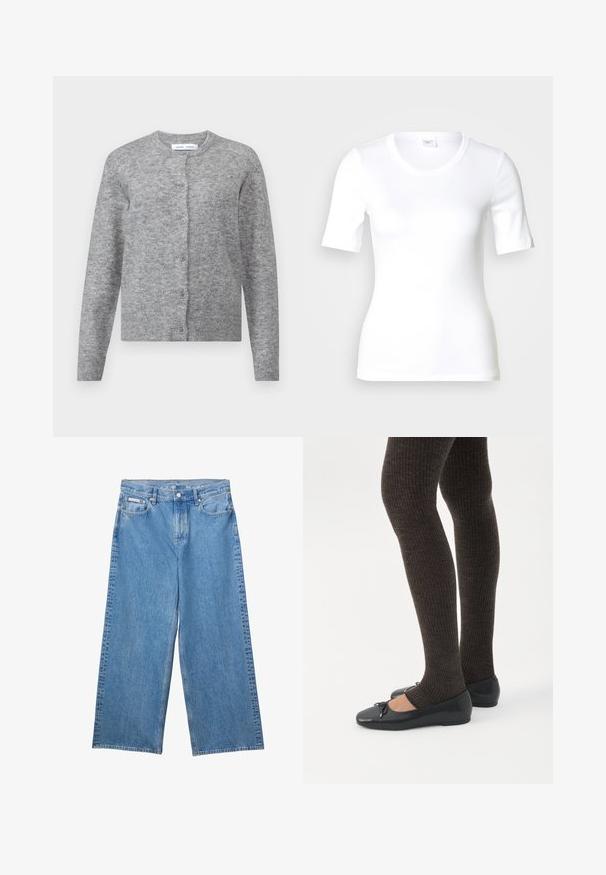 Grijze wollen cardigan met knopen, geribbelde manchetten en zoom. Ronde halslijn, zachte textuur, slimfit ontwerp. Geen zichtbare patronen of accenten.; Wit T-shirt met korte mouwen van glad katoen, met een ronde halslijn en een aangesloten pasvorm. Klassiek ontwerp, zonder patronen of accenten.; Blauwe wijde spijkerbroek met knoop en rits aan de voorkant, riemlussen en een Calvin Klein-label op het kleine voorvakje.; Benen met donkere geribbelde leggings gecombineerd met zwarte ballerina's met kleine strikdetails op een witte achtergrond.